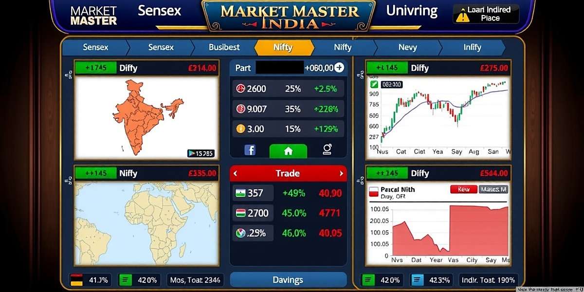 Market Master India Main Dashboard Market Master India game interface showing Indian stock market trading, business management dashboard with Sensex and Nifty indices
